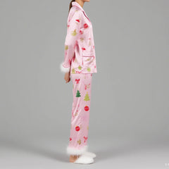 Christmas Tree Printed Button Down Top with Pants Pj Set