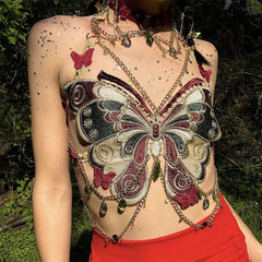 Embroidered Butterfly Metal Chain Design Crop Top Free From Label