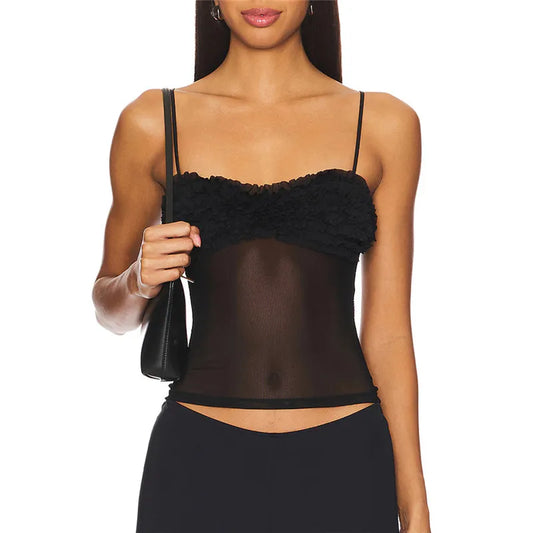 Sheer Ruffle Frill Bust Spaghetti Strap Top