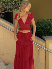 Short Sleeve Mesh Patchwork Crop Top And Maxi Skirt Matching Set