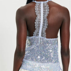Sequin Halter Lace Trim Open Back Tank Top