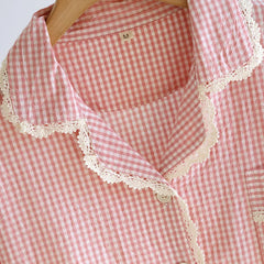 Lace Trim Plaid Long Sleeve Shirt And Pants Two Piece Sleepwear Set