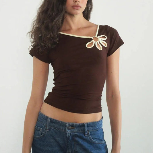 Solid Colour Cut Out  Ring Keyhole Shirt