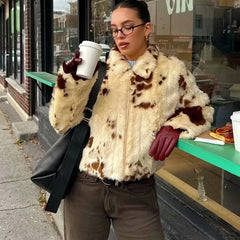 Animal Print Faux Fur Zip Short Coat