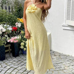 Yellow Halter Maxi Dress with 3D Flower Detail
