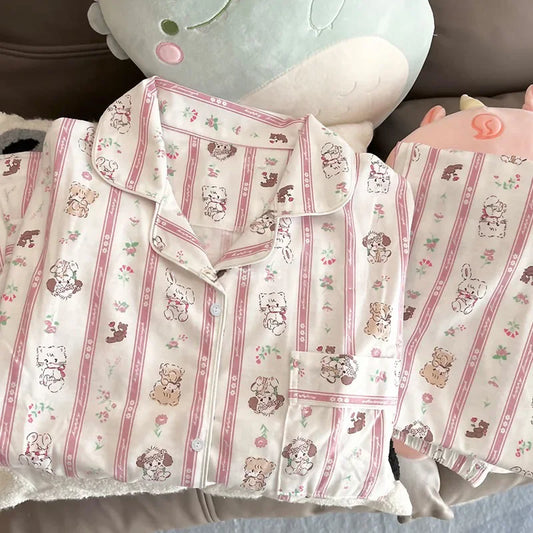 Pink Cartoon Cat Striped Long Sleeve Shirts And Pants Pajama Set