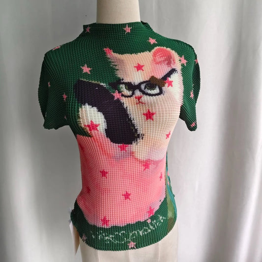 Star Cat Print High Collar Short Sleeve Top