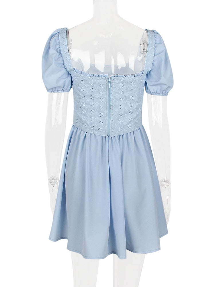 Blue Puff Sleeve Frill Mini Dress With Removable Corset