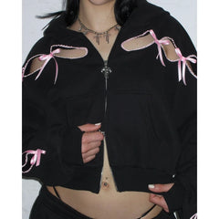 Ribbion Cut Out Design Zipper Crop Hoodie