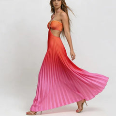 Gradient Pleated Halter Neck Cut Out Maxi Dress