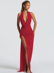 Halter Deep Cowl Neck Split Maxi Dress