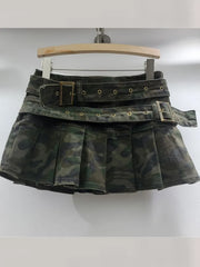 Denim Low Waist Double Belt Pleated Mini Skirt