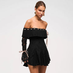 Black Off-Shoulder Lace Sleeve Mini Dress