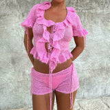 Pink Ruffles Sheer Top And Shorts Set