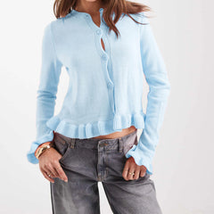 Long Sleeve O Neck Button Up Solid Ruffle Cardigan