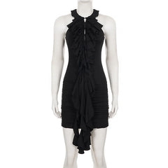 Black Ruffled Ruched Sleeveless Mini Dress