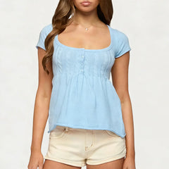 Knit Peplum Square Neck Button Down Top