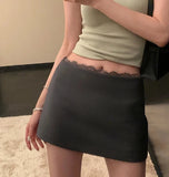 Grey Lace Trim Solid Mini Skirt