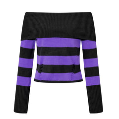 Distressed Striped Off-Shoulder Long Sleeve Knit Top