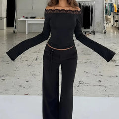 Black Off Shoulder Lace Trim Long Sleeve Tee