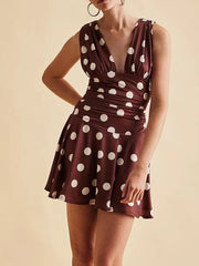 Polka Dot Ruched Deep V Neck Mini Dress