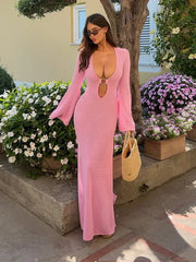 Knitted Long Sleeve Deep V-Neck Ring Detail Maxi Dress