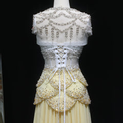 Cape Sleeve Chiffon Tiered Petals Sequined Pearl Embellished Gown