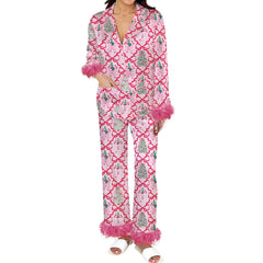 Christmas Satin Fur Trim Button-down Shirt And Pants Pajama Set