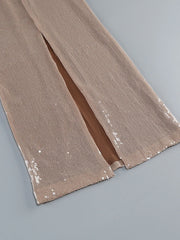 Beige V-Neck Sequin Patchwork Long Dress