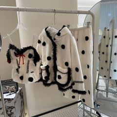 White Polka Dot Print Fleece Pajama 3 Piece Set