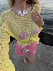Sheer Shell Embroidered Yellow Knit Long Sleeve Top