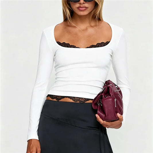 Square Neck Long Sleeve Lace Trim Top