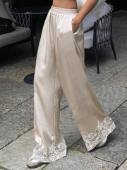 Satin Lace Trim Elastic Waist Wide Leg Pants