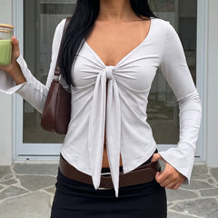 Knotted Front Tie Bell Sleeve Crop Top