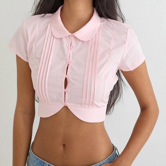 Cropped Short Sleeve Pleated Button Down Blouse