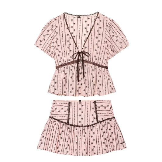 Pink Floral Stripe Lace Trim Short Sleeve Top And Mini Skirt Set