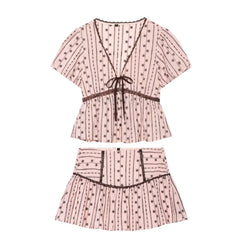 Pink Floral Stripe Lace Trim Short Sleeve Top And Mini Skirt Set