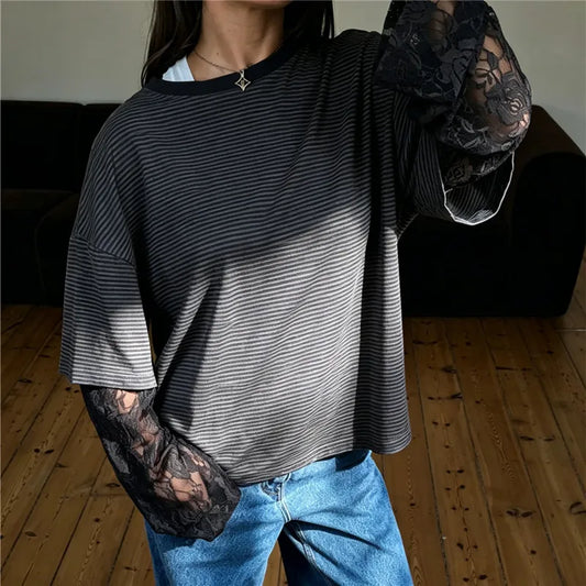 Striped Mock Lace Long Sleeve Underlayer T-shirt
