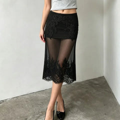 Black Lace Embroidered Sheer Midi Skirt