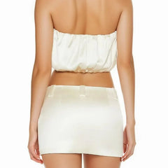 Women Satin False Pockets Decoration Zipper Waist Short Skirt - Free From Label