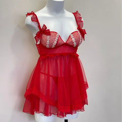 Red  See Through Mesh Push Up Nightgown