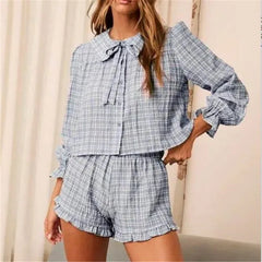 Gingham Peter Pan Collar Tie Blouse And Elastic Waist Ruffle Hem Shorts Set