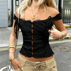 Off Shoulder Tie Strap Button Crop Top