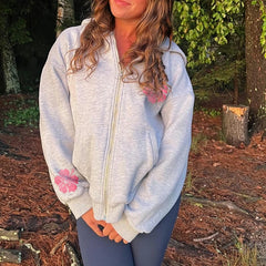 Grey Floral Print Zip-up Oversized Hoodie