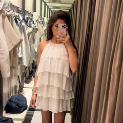 Halter Cascading Ruffles Mini Dress