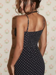 Open Backless Print Dots Spaghetti Strap Midi Dress