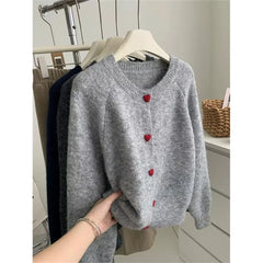 Deep Grey Wool Knitted Heart Buttoned Cardigan