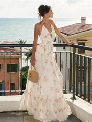 Ruffles Flower Print Halter Backless Top And Long Skirt Set