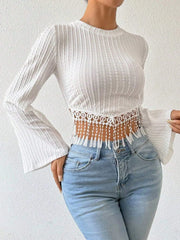 White Long Sleeve Tassel Trim Crop Top