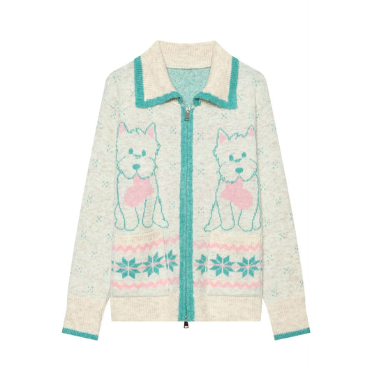Knit Collar Puppy Embroidery Long Sleeve Zip Up Sweater